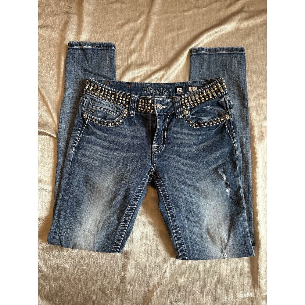 Miss Me Jeans Sz 29 Skinny Studded Rhinestone Belt‎ Low Rise Light Medium Wash - Picture 6 of 10